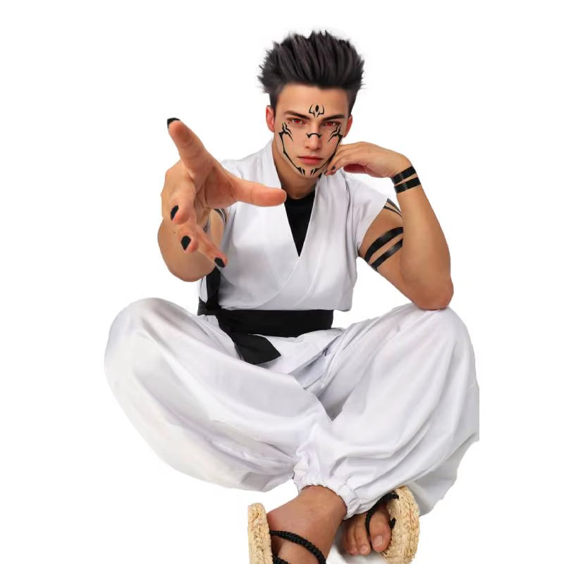 Men'S US Size Ryomen Sukuna Cosplay Costume White Kung Fu Suit with Tattoo Stickers for Halloween Comic Con Outfits