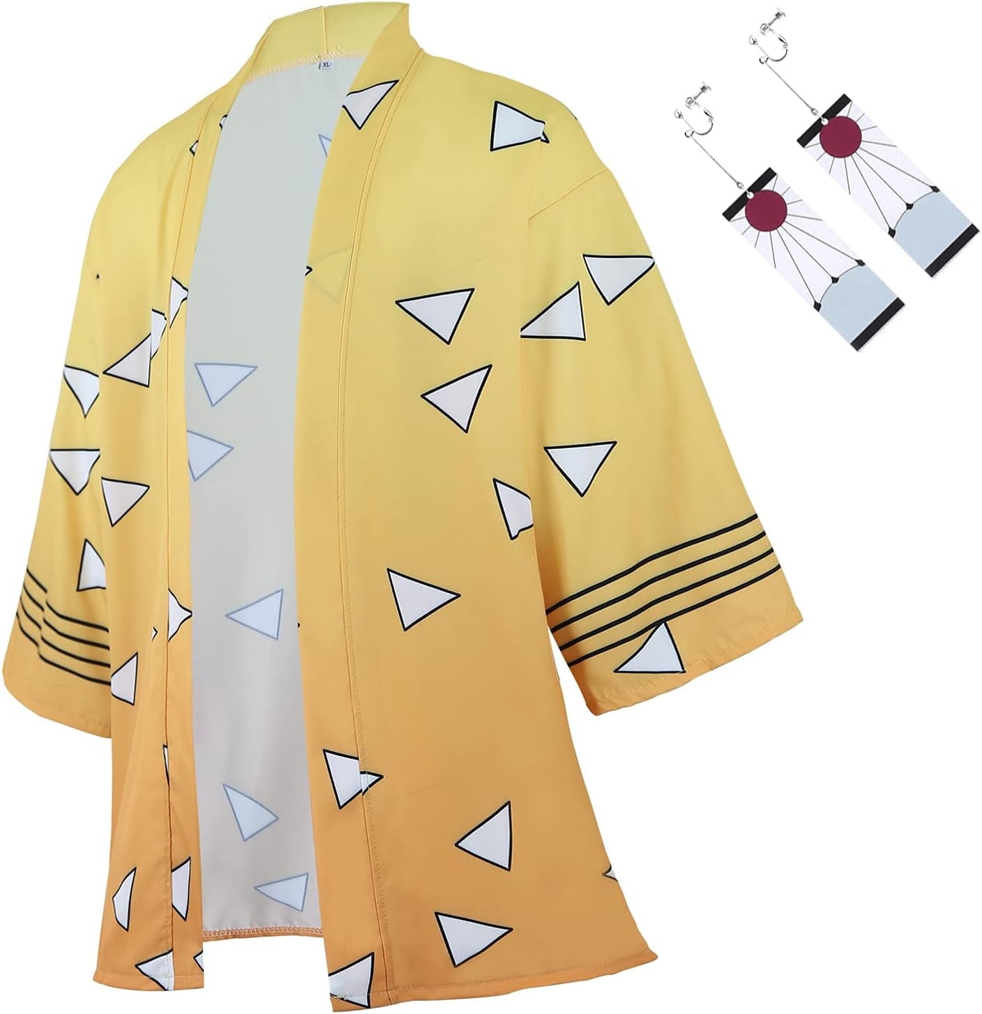 Anime Kamado Tanjirou Robes Cosplay Costume Cardigan Jacket Earrings Set (S, Yellow)