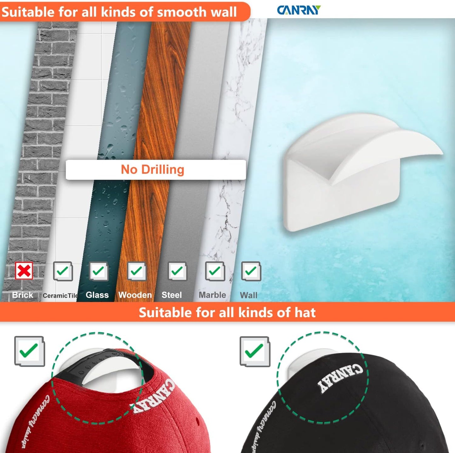 20-Pack Hat Hooks for Wall - Adhesive Hat Rack for Baseball Caps, Cap Organizer Holder | No Drilling | Stick on | (White)