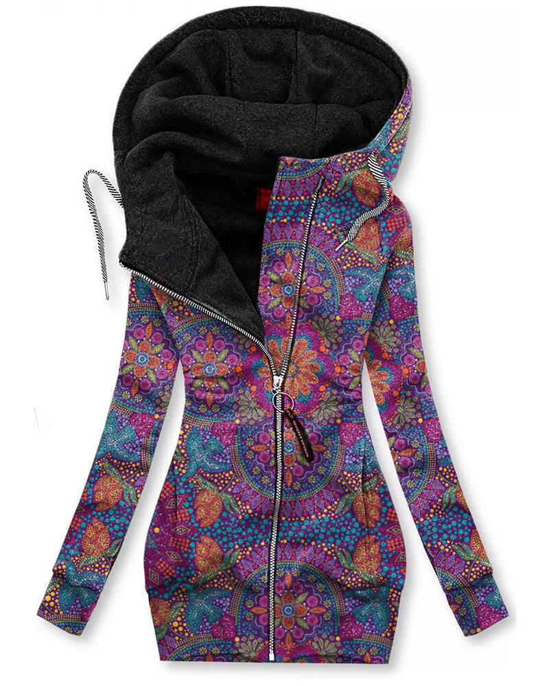 Zipper Pattern 3D Printed Long Sleeve Hooded All-matching Hoodie