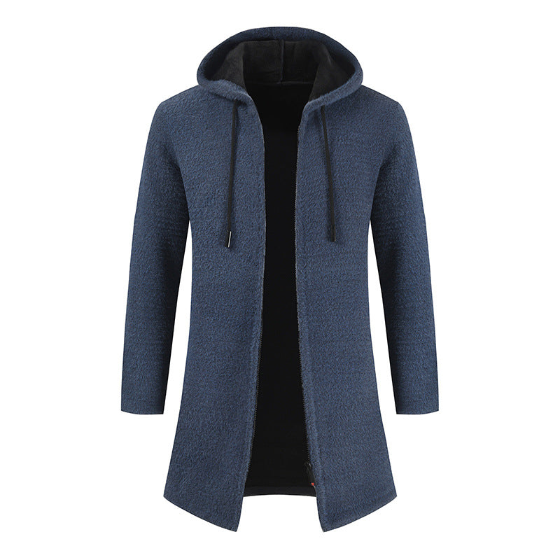 Men's New Solid Color Cashmere Knitting Cardigan Hooded Medium Long Sweater