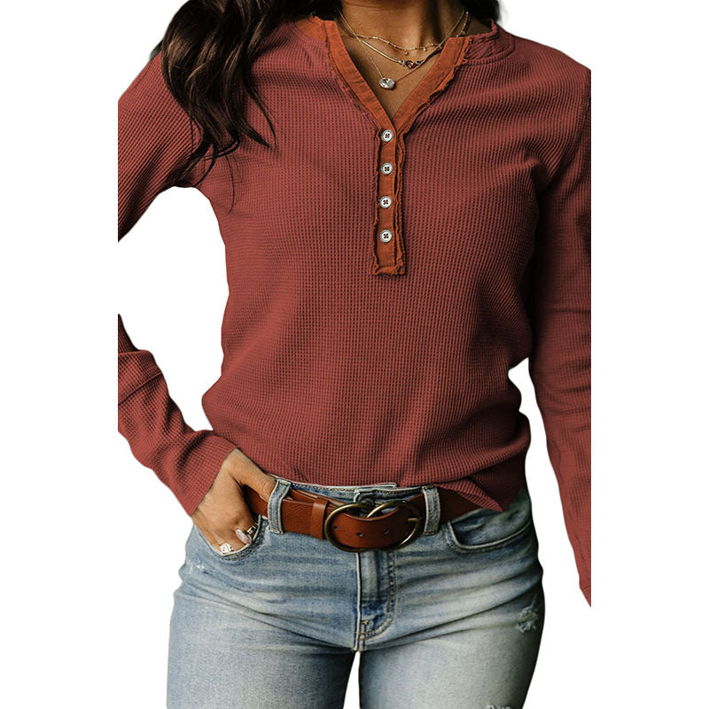 Solid Color Waffle European And American Leisure Trim Neckline Slim Sweater