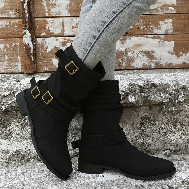 Low Heel  Vintage Adjustable Buckle Boots Women Combat Biker Western Goth Shoes