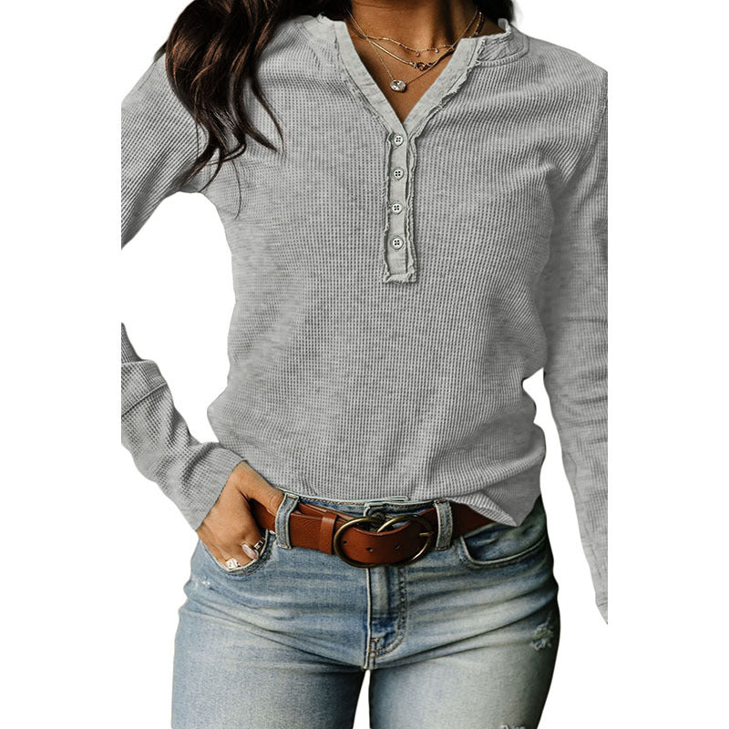 Solid Color Waffle European And American Leisure Trim Neckline Slim Sweater