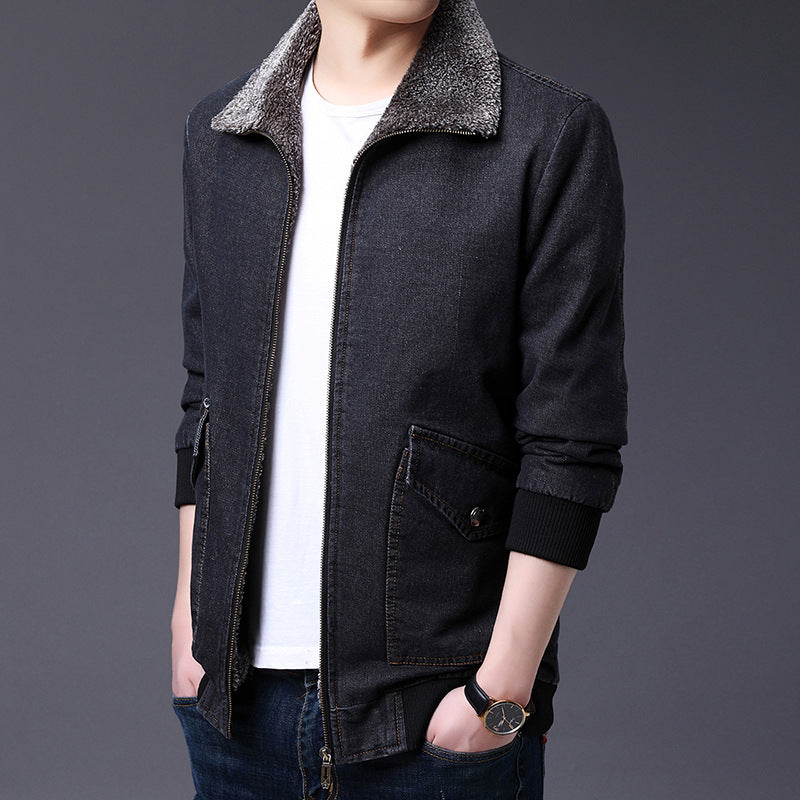 Denim Jacket Men's Loose Cargo Fur Collar