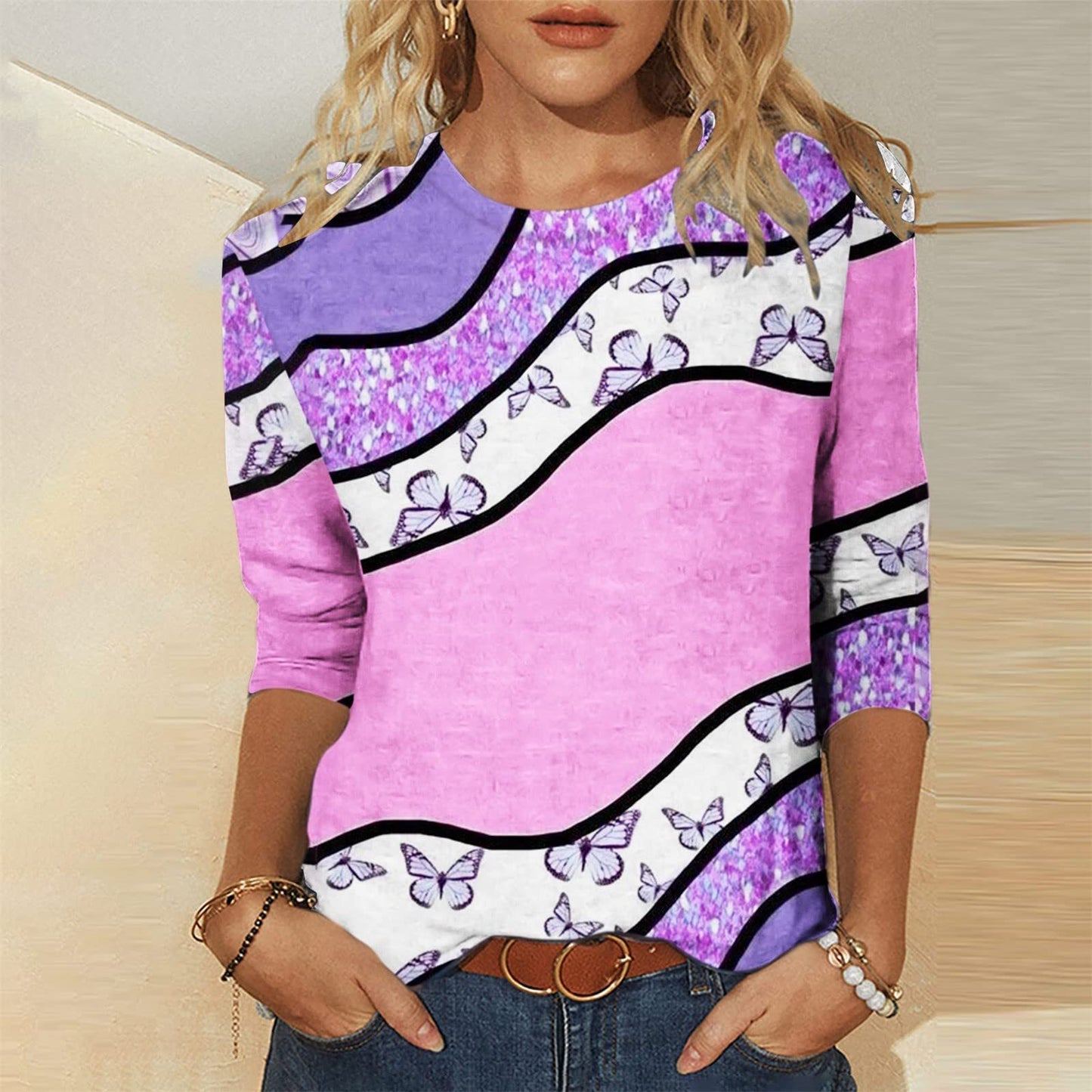 Women's Round-neck Positioning Printing Mid-sleeved T-shirt