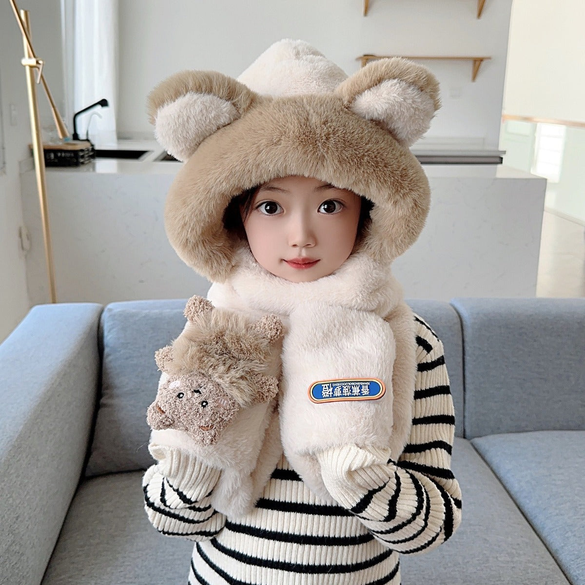 Children's Hat Scarf Gloves One-piece Hat