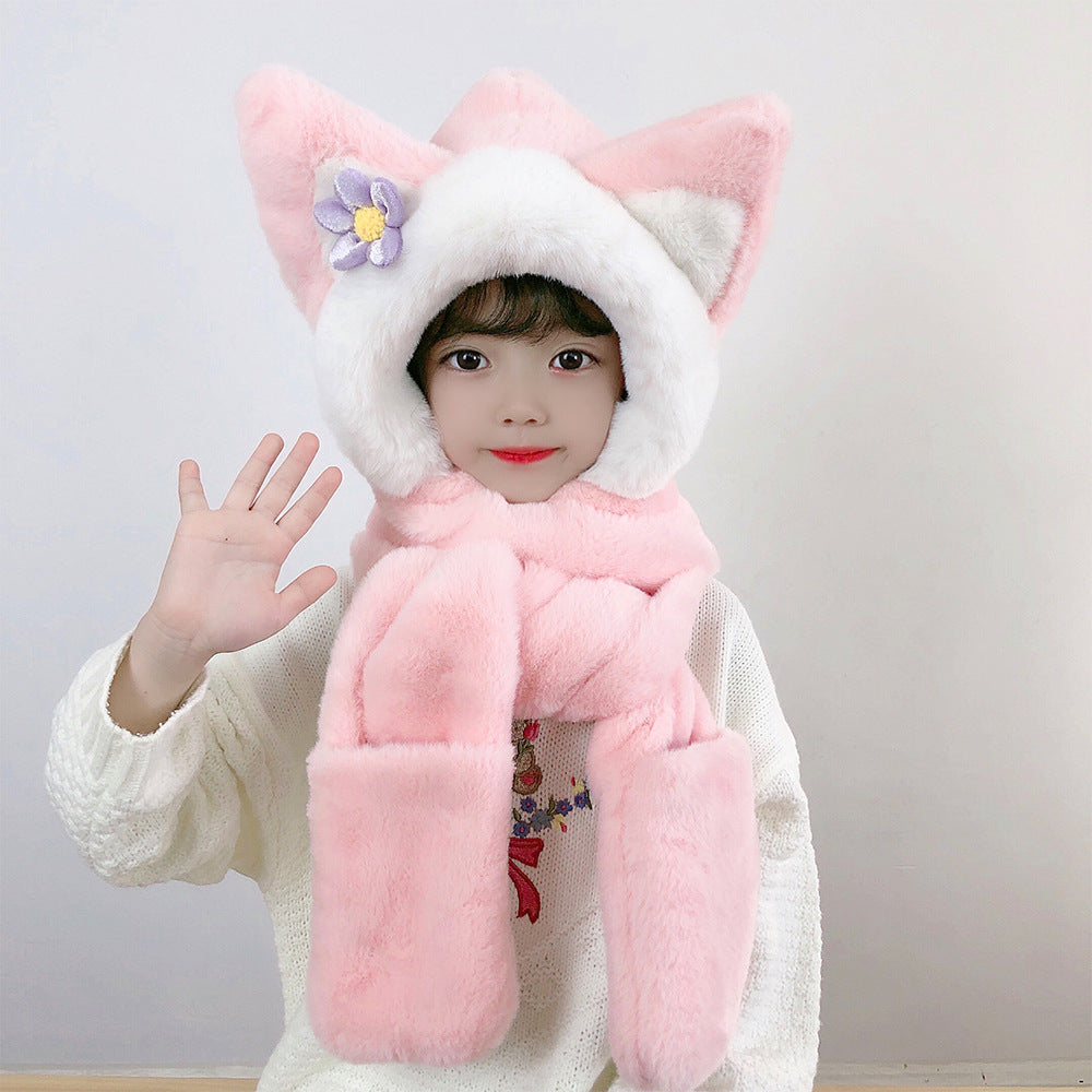 Children's Hat Scarf Gloves One-piece Hat