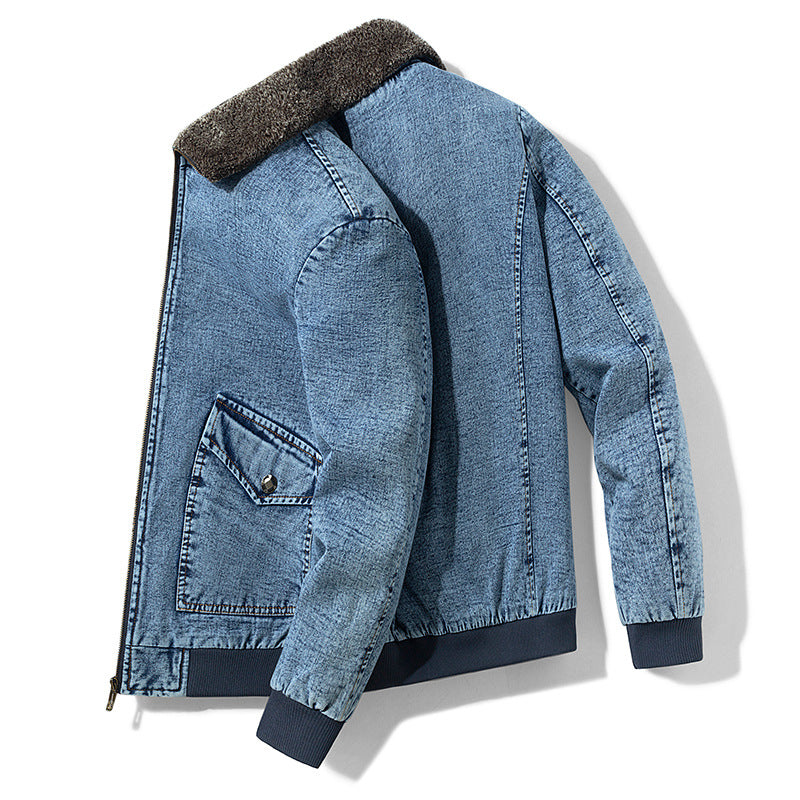 Denim Jacket Men's Loose Cargo Fur Collar