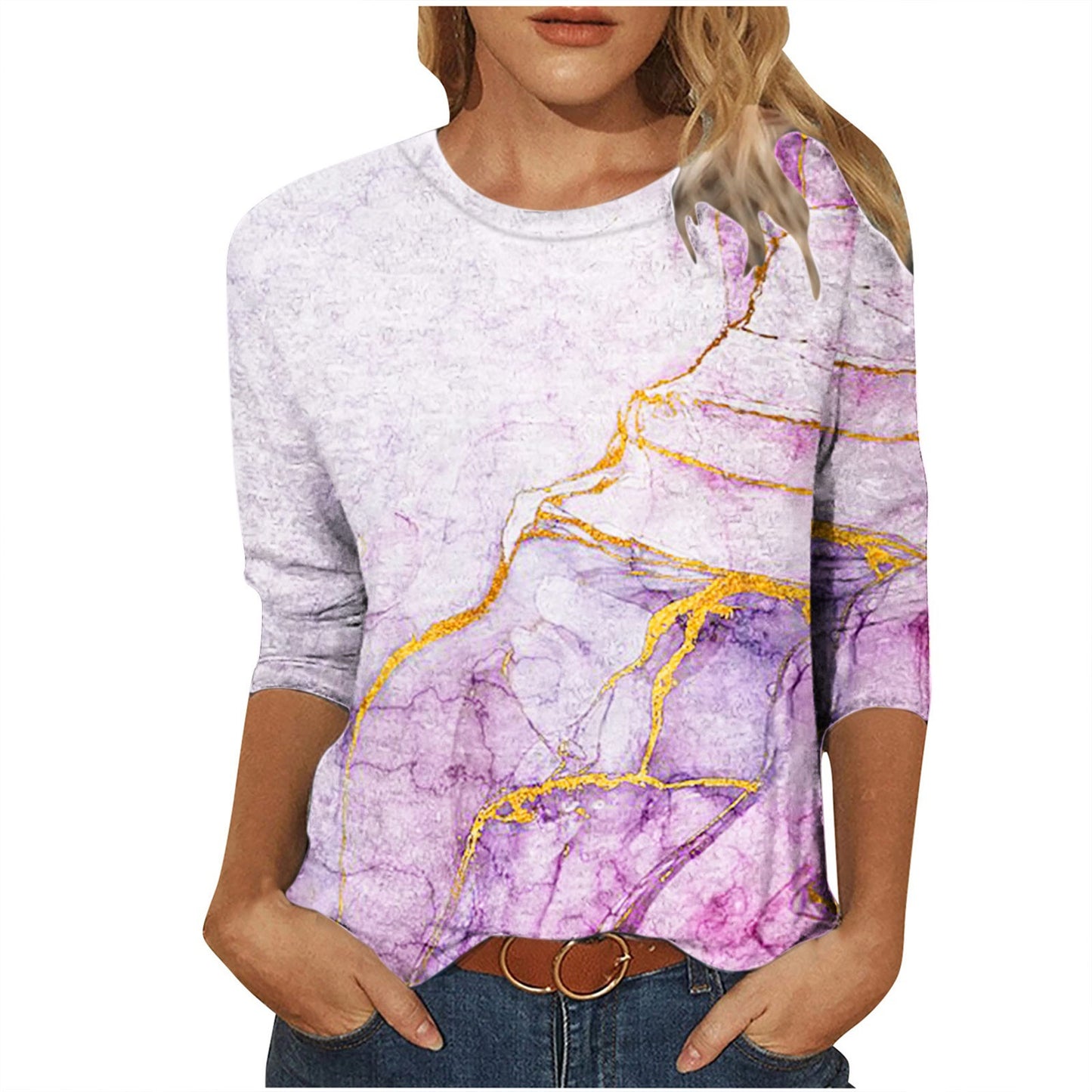 Women's Round-neck Positioning Printing Mid-sleeved T-shirt