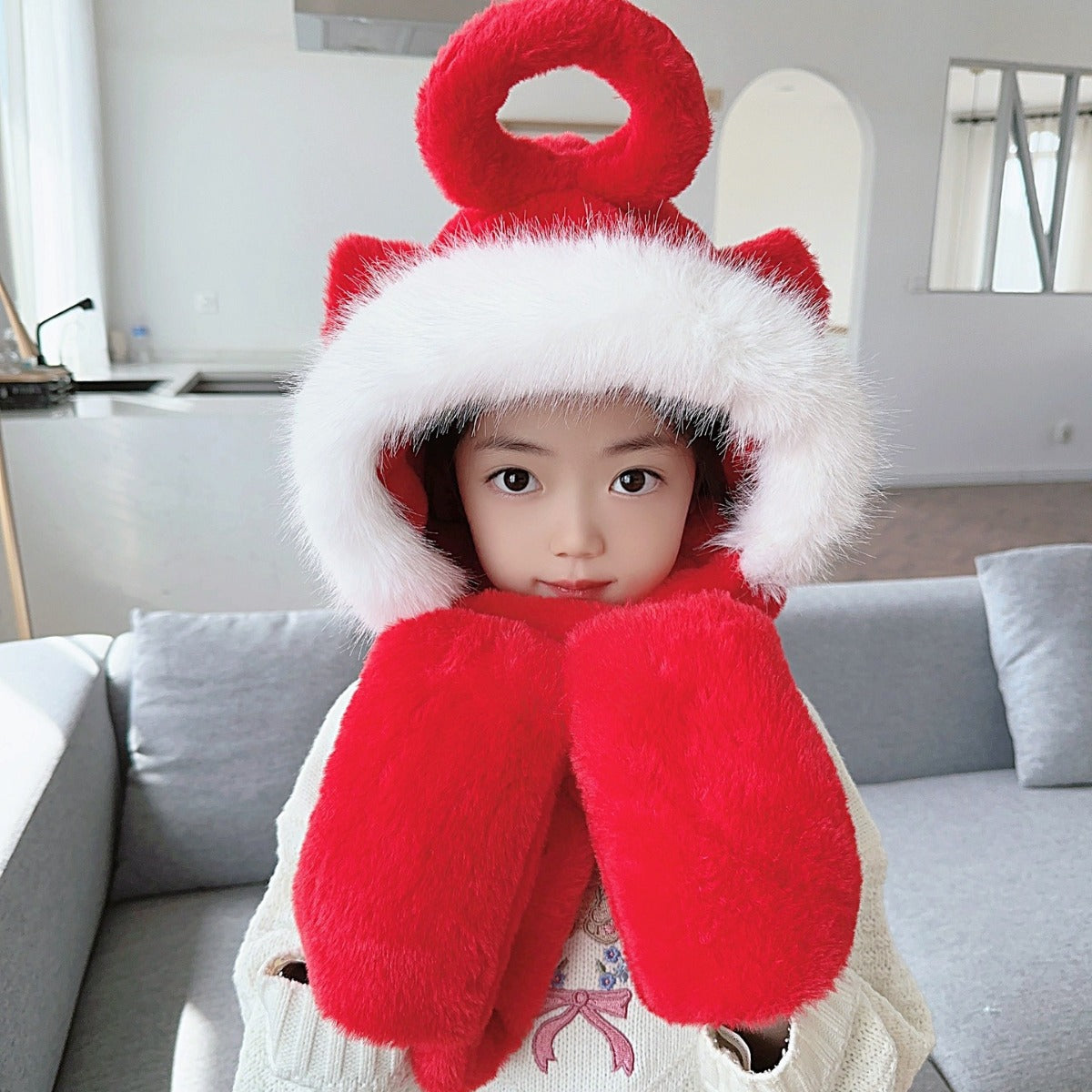 Children's Hat Scarf Gloves One-piece Hat