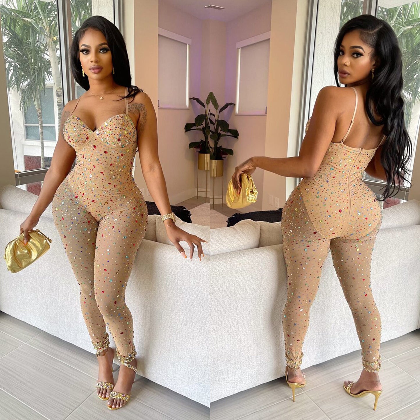 Women's Pure Color Mesh Rhinestone Pants Jumpsuit