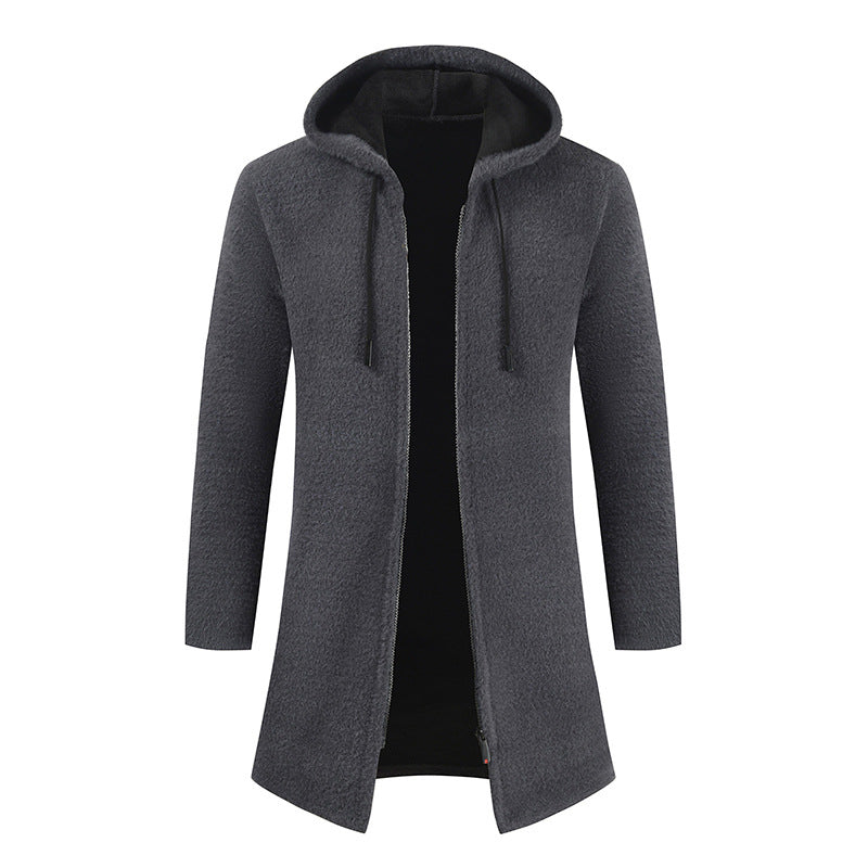 Men's New Solid Color Cashmere Knitting Cardigan Hooded Medium Long Sweater